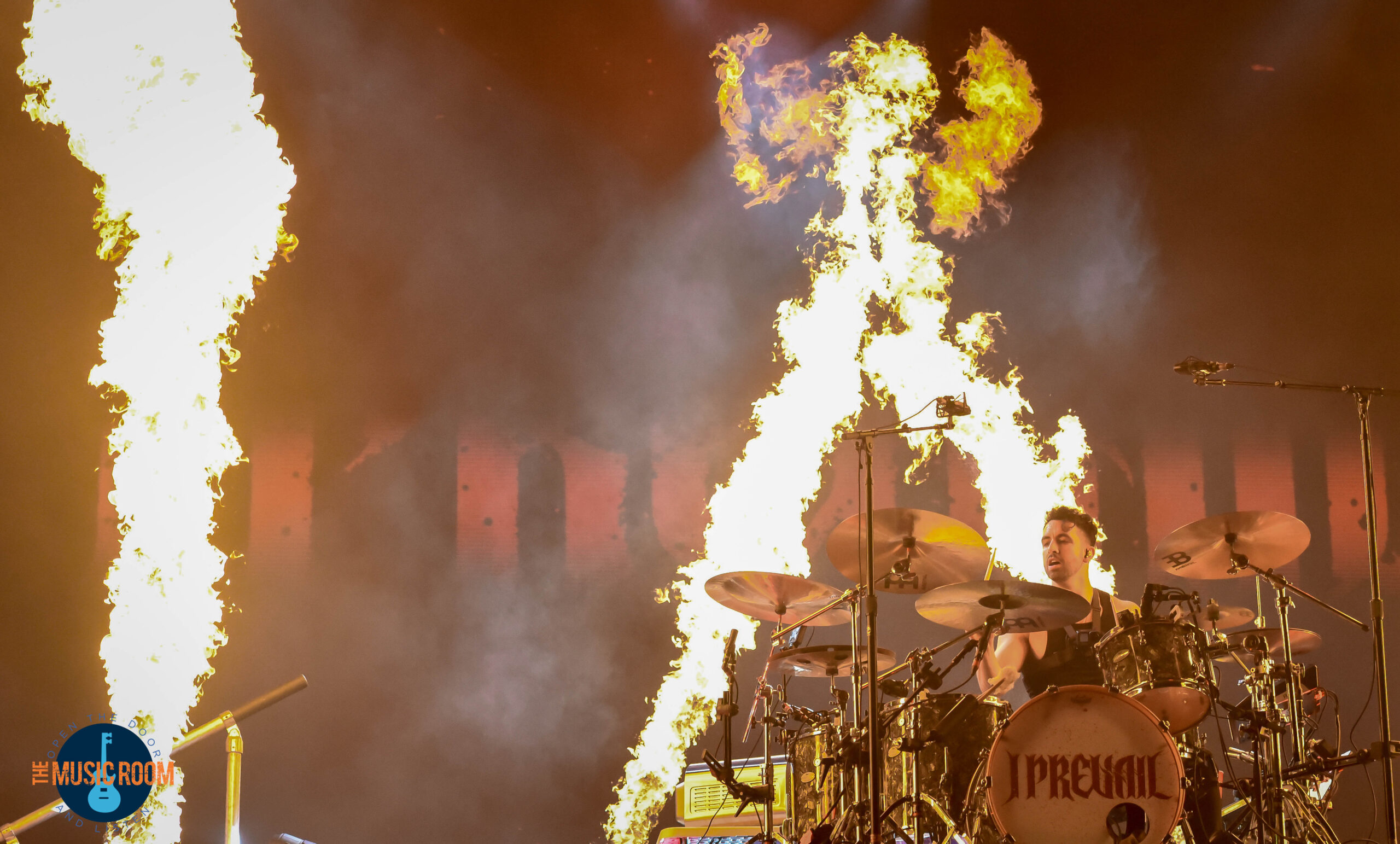 I PREVAIL drummer with pyro on stage in Cincinnati, OH
