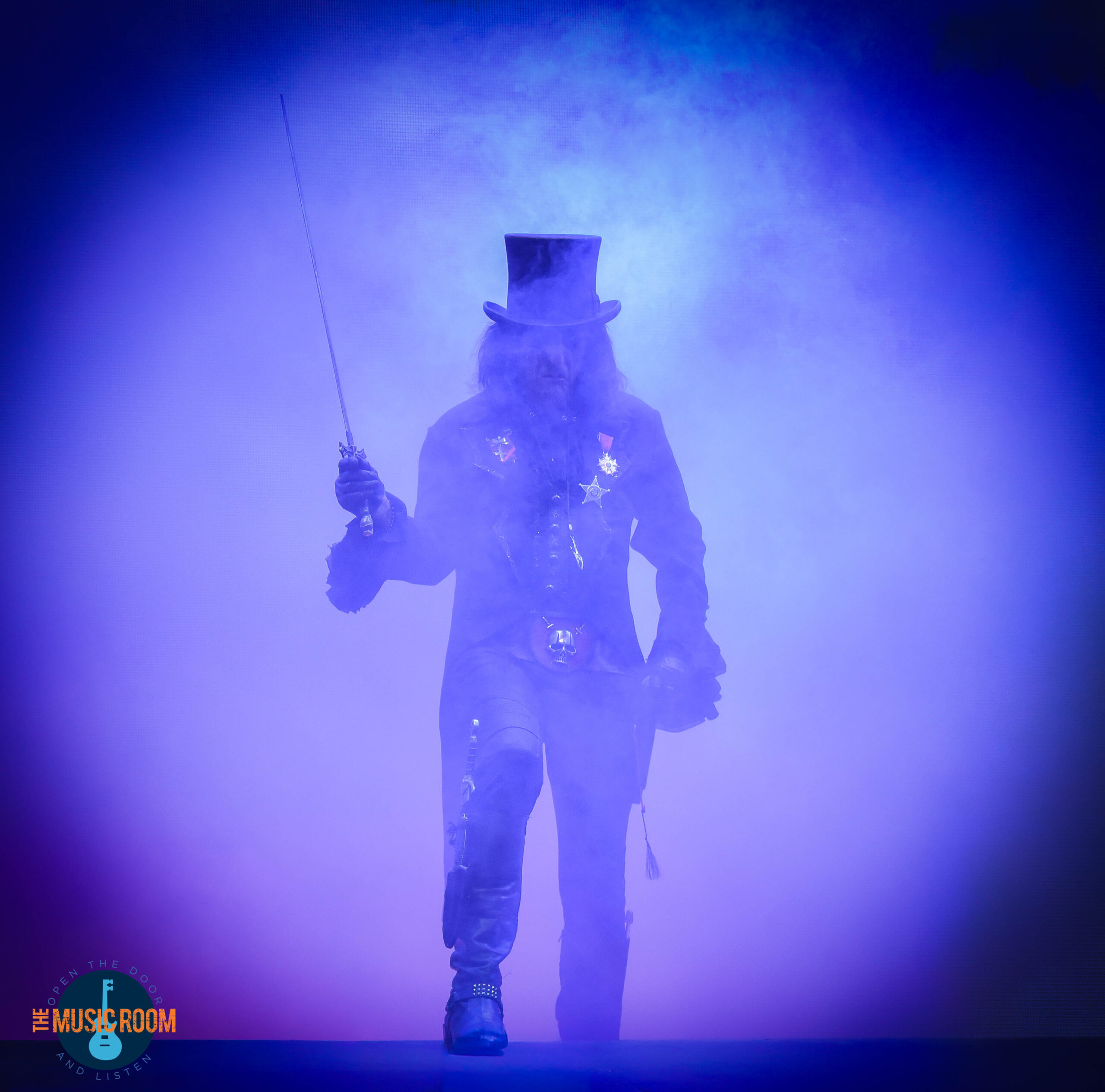 Silhouette of Alice Cooper at the start of his live show at Rose Music Center in Dayton